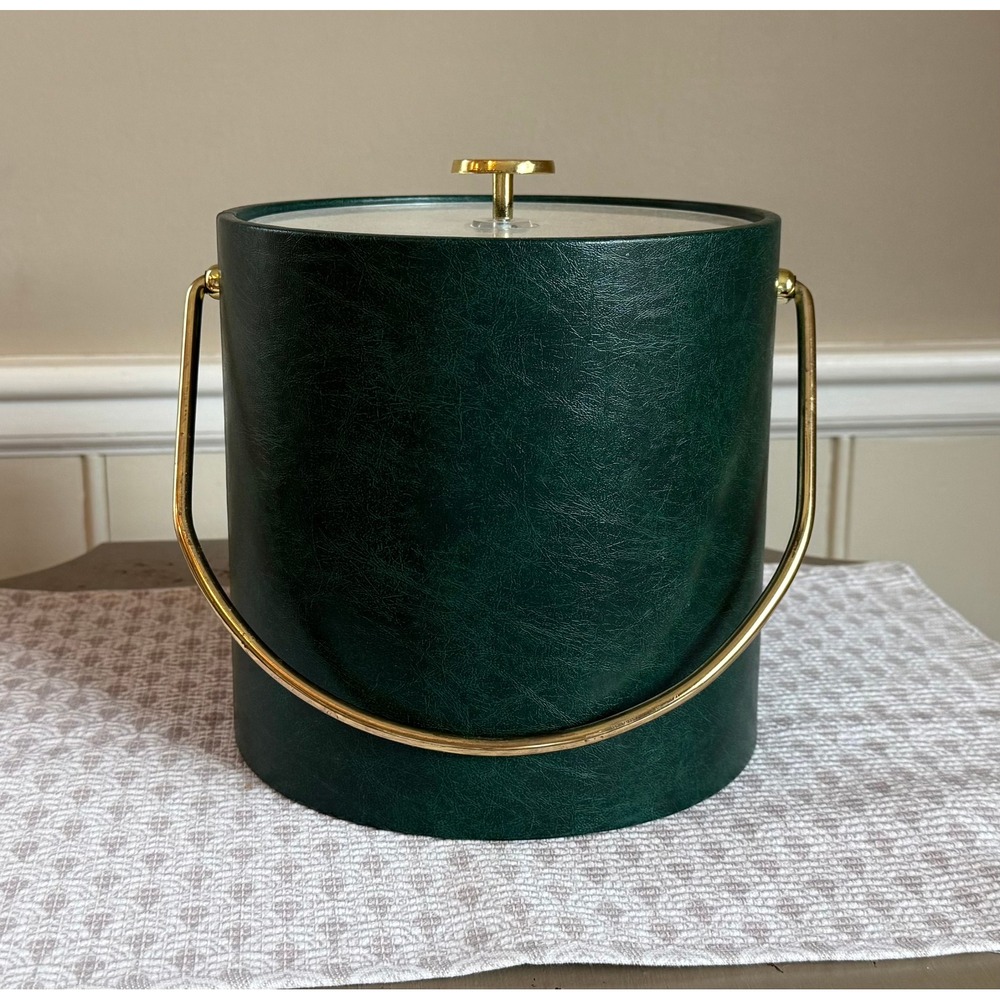 Vintage Kraftware Green Faux Leather Ice Bucket Gold Handle Mid Century Modern